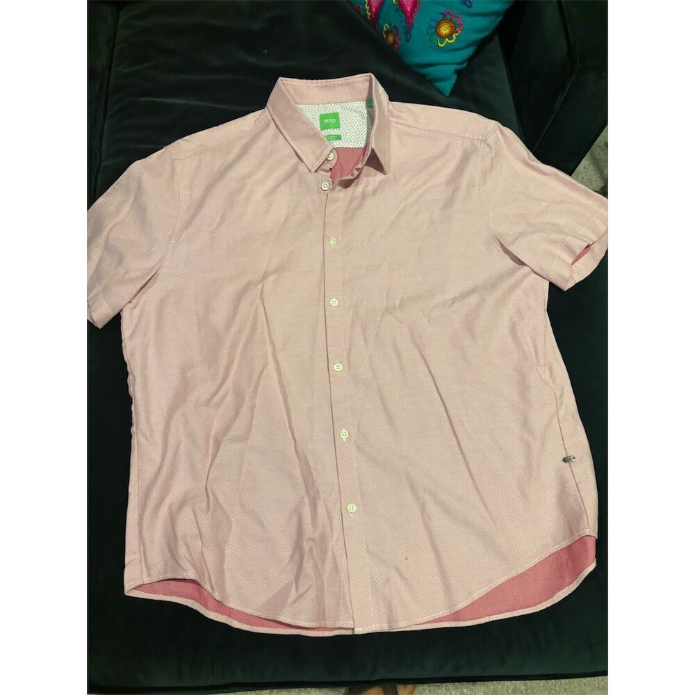 BOSS Hugo Boss Button-Up Shirt Mens 2XL Pink Geometric Short Sleeve Casual
